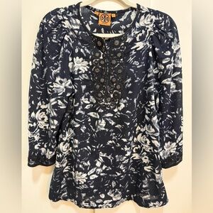 Tory Burch Kaftan Tunic Top Beaded & Embroidered Antonia Popover Breezy Cotton
